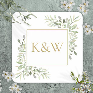 Sticker Carré Élégant Monogramme Or Verdure Mariage de feuillage