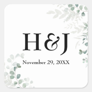 Sticker Carré Élégant Monogrammes de verdure et date