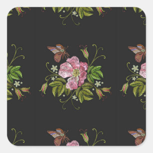 Sticker Carré Élégant Motif floral broderie Arrière - plan noir