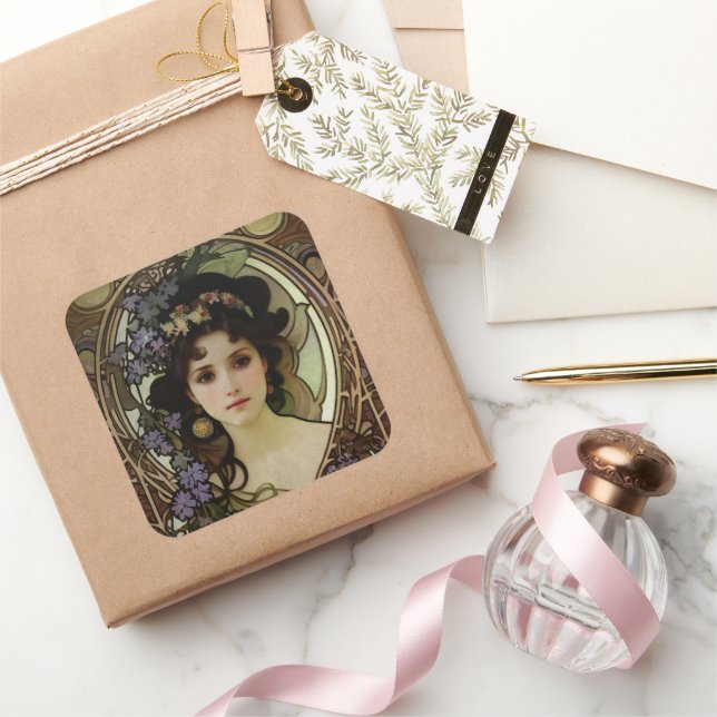 Sticker Carré Elégant Mucha Style Portrait d'une belle femme (Cadeaux)
