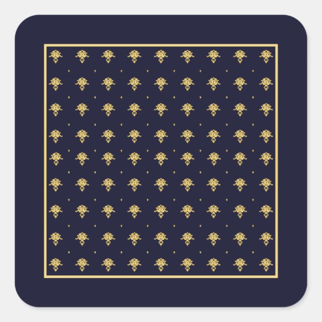 Sticker Carré Elegant Navy Blue et Gold Damask (Devant)
