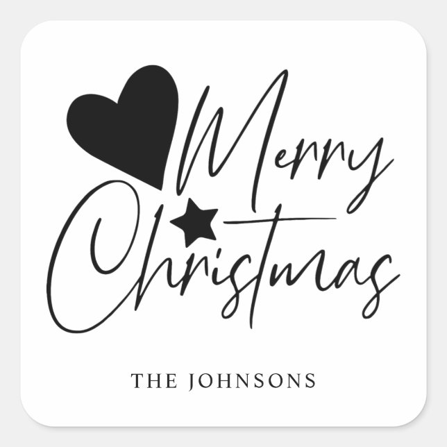 Sticker Carré Élégant Noir & Blanc Joyeux Script de Noël (Devant)