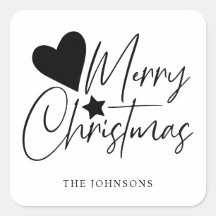 Sticker Carré Élégant Noir & Blanc Joyeux Script de Noël