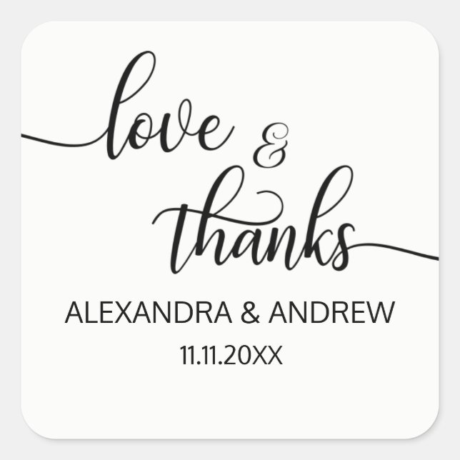 Sticker Carré Élégant noir blanc Script Mariage Amour & Merci (Devant)