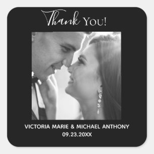 Sticker Carré Élégant noir noir noir Mariage photo Merci