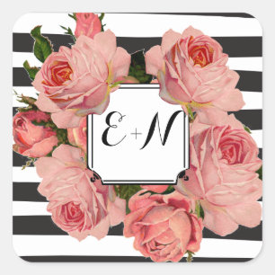 Sticker Carré Élégant noir rayé rose Rose Mariage