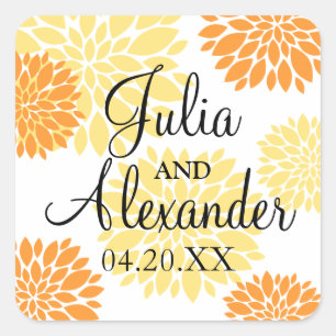 Sticker Carré Élégant Orange clair Jaune Floral Burst Mariage