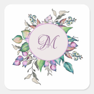 Sticker Carré Élégant pastel floral Aquarelle Monogramme