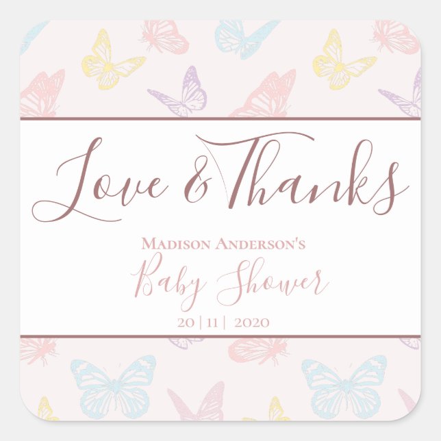 Sticker Carré Elégant Pastel Pink Butterflies Baby shower Merci (Devant)