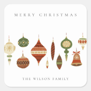 STICKER CARRÉ ÉLÉGANT PASTEL ROUGE ÉTOILE VERT CHIRSTMAS ORNA