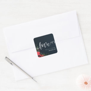 Sticker Carré Élégant Peach Grey Floral Script Amour Mariage