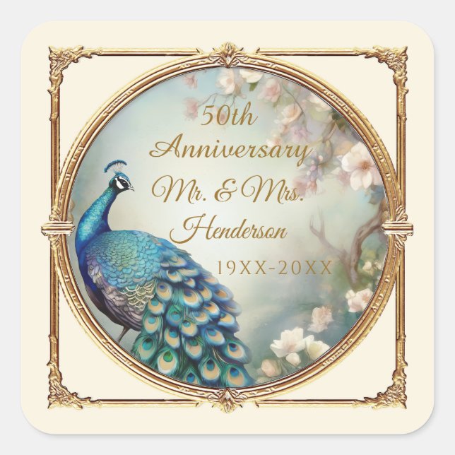 Sticker Carré Elégant Peacock Art Déco 50e anniversaire Floral (Devant)