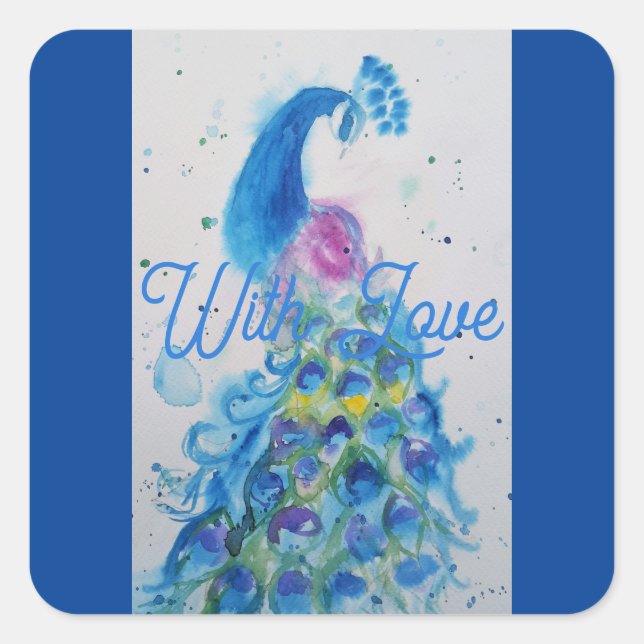 Sticker Carré Elégant Peacock Bleu Aquarelle Avec Amour (Devant)