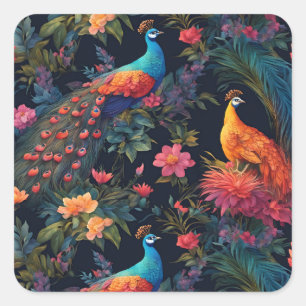 Sticker Carré Elégant Peacock Bleu et Or dans Jardin coloré