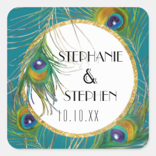 Sticker Carré Elégant Peacock Feathers avec Mariages Parties sci