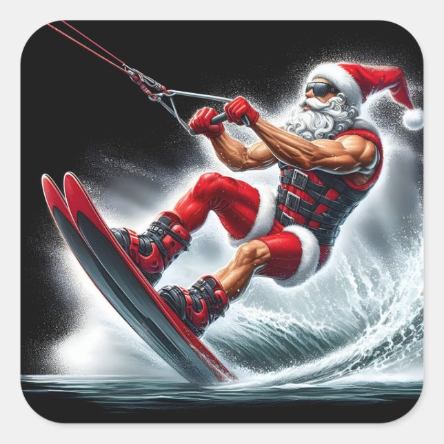 Sticker Carré Elégant Père Noël Ski Nautique Cette Vacance (Devant)