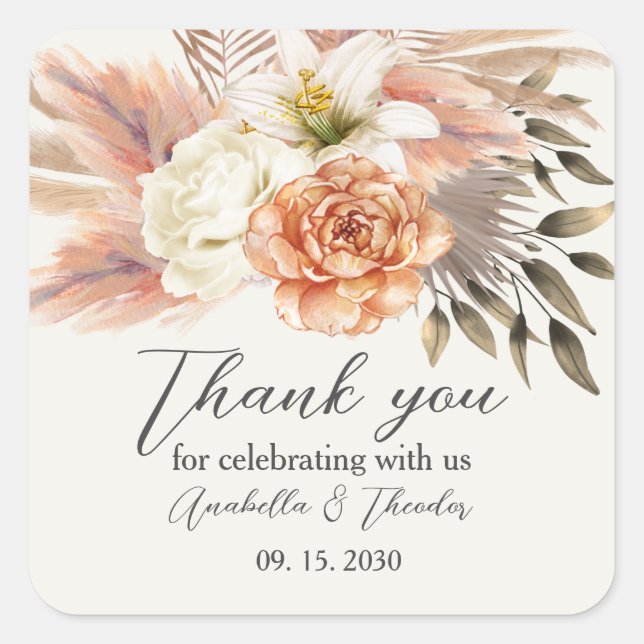 Sticker Carré Élégant pinceau Mariage Floral Peach (Devant)