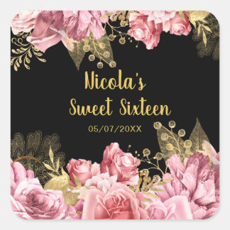 Sticker Carré Elegant Pink and Gold Flowers Sweet Sixteen 