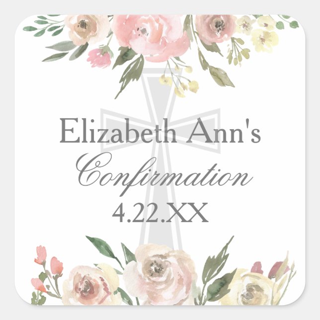 Sticker Carré Élégant Pink Floral Confirmation Party Personnalis (Devant)