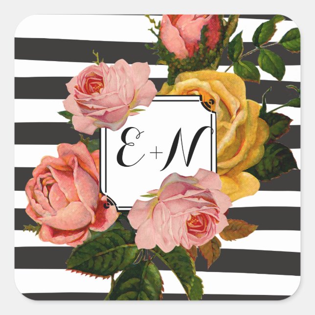 Sticker Carré Élégant Rose de bande noire  Mariage (Devant)