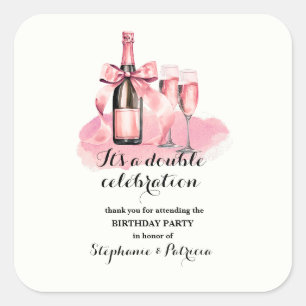 Sticker Carré Élégant rose Double Célébration Anniversaire