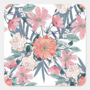 Sticker Carré Elégant rose Fleurs Aquarelle Floral