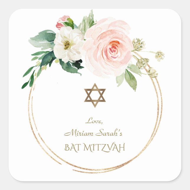 Sticker Carré Élégant rose Fleurs de Bleu Bat mitzvah Or (Devant)