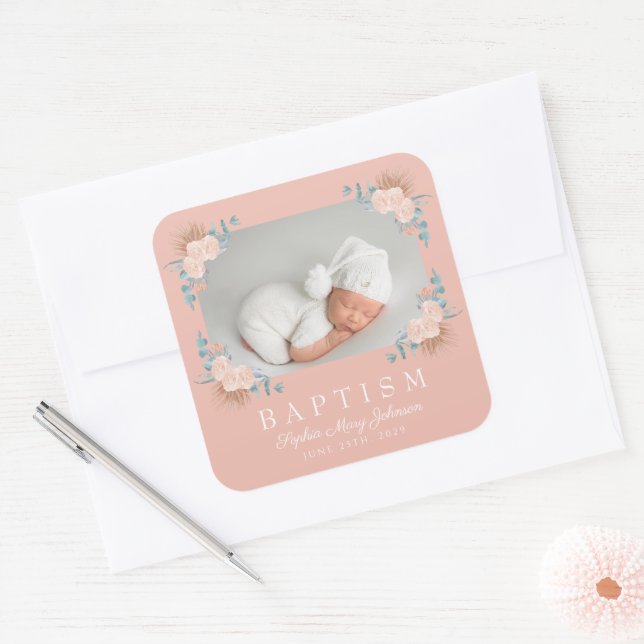 Sticker Carré Élégant rose florale fille Baptême photo (Enveloppe)