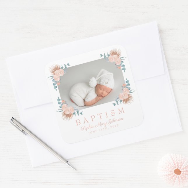 Sticker Carré Élégant rose florale fille Baptême photo (Enveloppe)