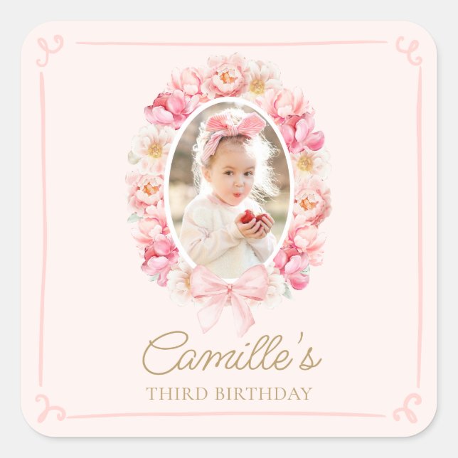 Sticker Carré Elégant rose florale fille photo Anniversaire (Devant)