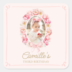 Sticker Carré Elégant rose florale fille photo Anniversaire