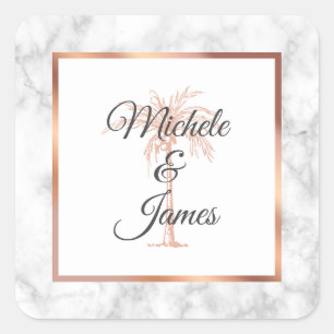 Sticker Carré Elégant Rose gris or Palm Tree Marble Mariage