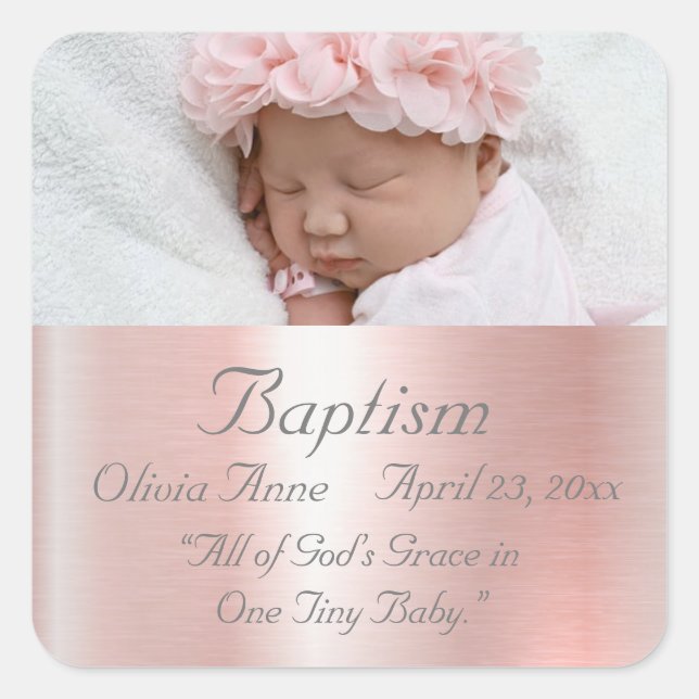 Sticker Carré Élégant rose métal Nom photo Baby Girl Baptism (Devant)