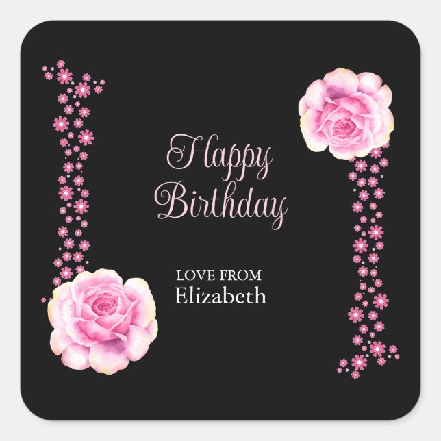 Sticker Carré Élégant rose rose florale noir Joyeux anniversaire (Devant)
