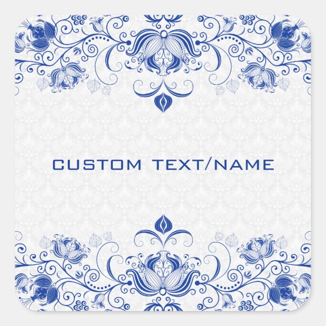 Sticker Carré Elégant Royal Bleu Et Blanc Damas & Fils (Devant)