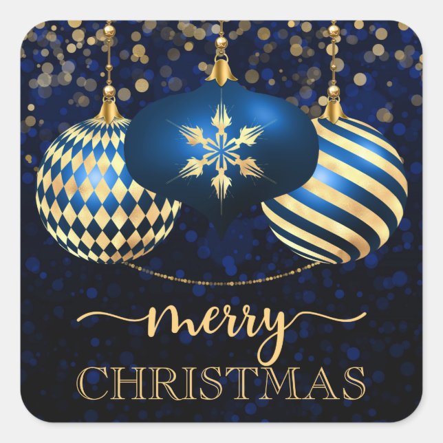 Sticker Carré Elégant Royal Blue & Gold Baubles Joyeux Noël (Devant)