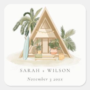 Sticker Carré Élégant Rustique Tropical Palm Beach Shack Mariage
