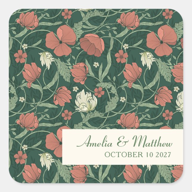 Sticker Carré Elégant Rustique Vert Floral Personnalisé Mariage (Devant)