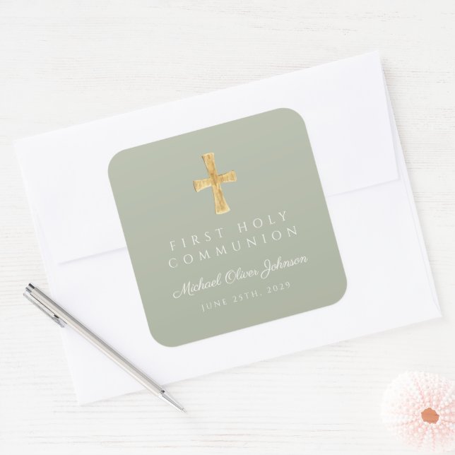 Sticker Carré Elégant Sage Green Cross Boy First Communion (Enveloppe)