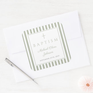 Sticker Carré Elegant Sage Green Religious Cross Baptism