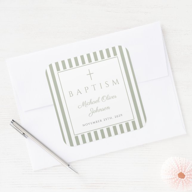 Sticker Carré Elegant Sage Green Religious Cross Baptism (Enveloppe)