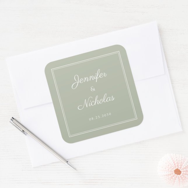 Sticker Carré Elegant Sage Green Script Wedding (Enveloppe)