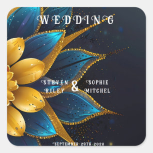 Sticker Carré Élégant Sapphire et Mariage Floral Or
