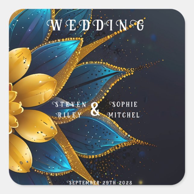 Sticker Carré Élégant Sapphire et Mariage Floral Or (Devant)