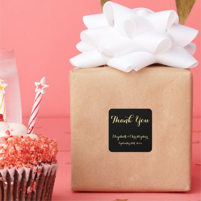 Sticker Carré Élégant Script Black Gold Mariage Merci Faveurs (Fête)