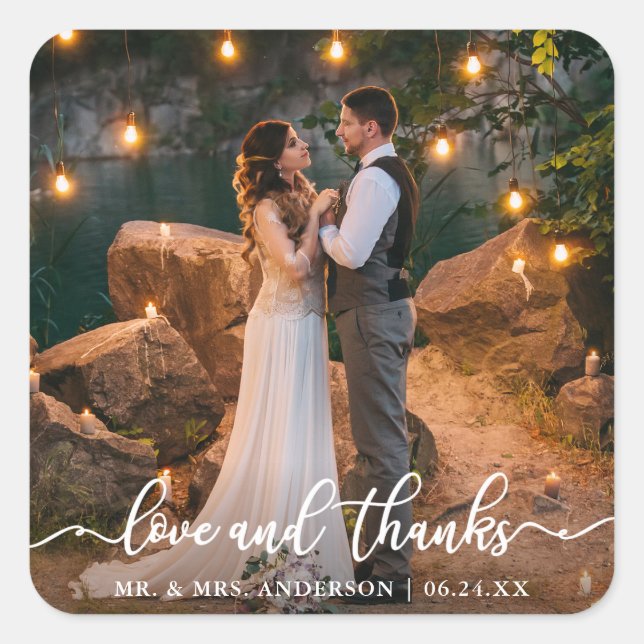 Sticker Carré Élégant script d'amour et de Merci | Photo Mariage (Devant)