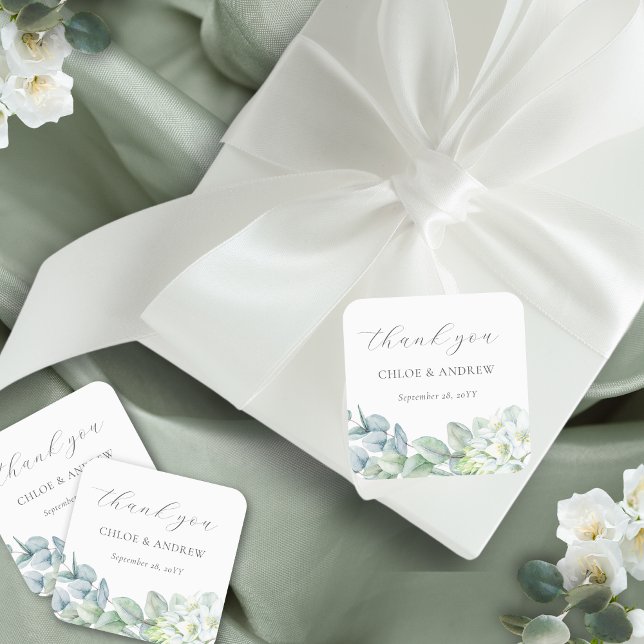 Sticker Carré Élégant Script de verdure Merci Mariage Faveur (These thank you stickers are perfect for wedding favors for couples who love a fine art wedding look)