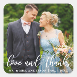 Sticker Carré Élégant Script Mariage Love and Thanks Photo