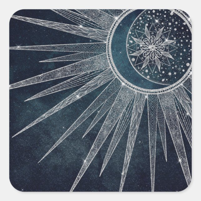 Sticker Carré Elégant Silver Sun Moon Doodle Mandala Blue Design (Devant)