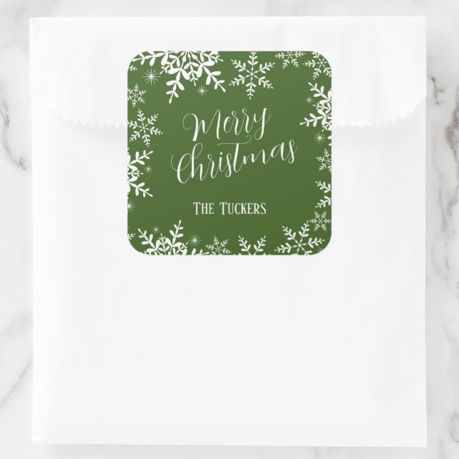 Sticker Carré Élégant Snowflakes Dark Green Joyeux cadeau de Noë (Sac)